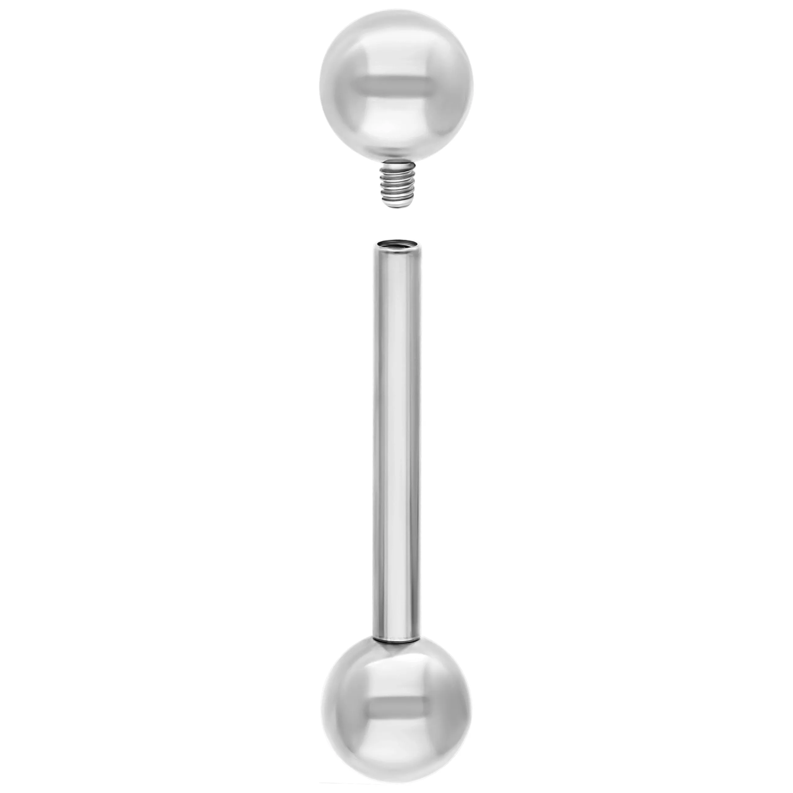 Silbernes Titan-Piercing mit Innengewinde Silbernes Titan-Barbell mit zwei Kugeln auf weißem Hintergrund