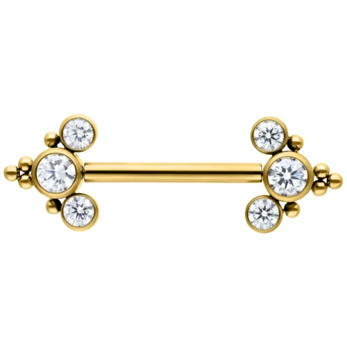Goldene Barbell aus Titan mit klaren Kristallen auf weißem Hintergrund
