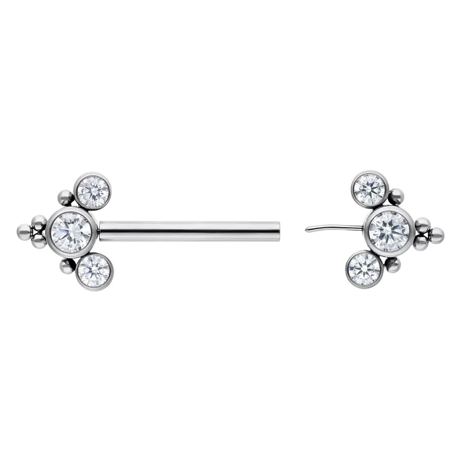 Sonya Barbell 12 mm Silber Titan Piercing Silberne Sonya Barbell aus Titan, 12 mm Länge, mit klaren Kristallen auf weißem Hintergrund