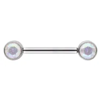 Silbernes Muse Barbell mit Aurora Boreale Kristallen auf weißem Hintergrund