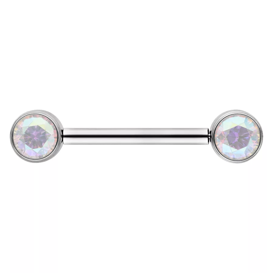 Silbernes Muse Barbell mit Aurora Boreale Kristallen auf weißem Hintergrund