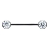 Silberfarbene Muse Barbell mit kristallklaren Steinen, 14mm Länge auf weißem Hintergrund