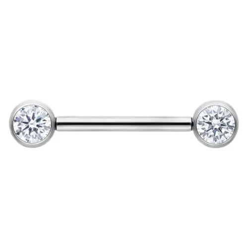 Silberfarbene Muse Barbell mit kristallklaren Steinen, 14mm Länge auf weißem Hintergrund