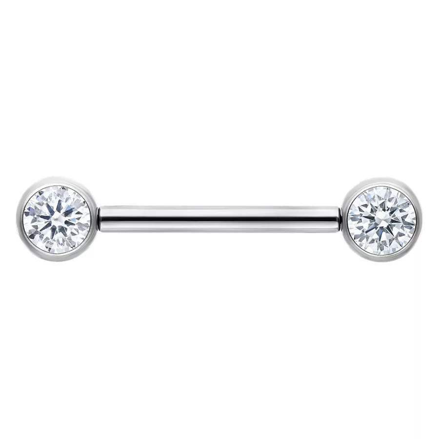 Silberfarbene Muse Barbell mit kristallklaren Steinen, 14mm Länge auf weißem Hintergrund