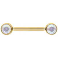 Goldenes Nippel Barbell mit Aurora Boreale Kristallen auf weißem Hintergrund