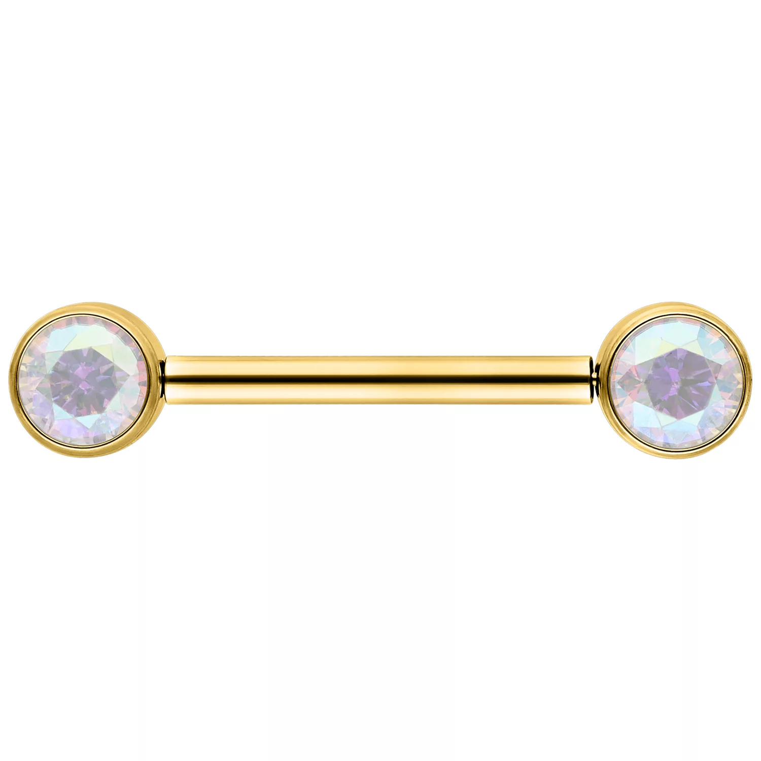 Goldenes Nippel Barbell mit Aurora Boreale Kristallen auf weißem Hintergrund