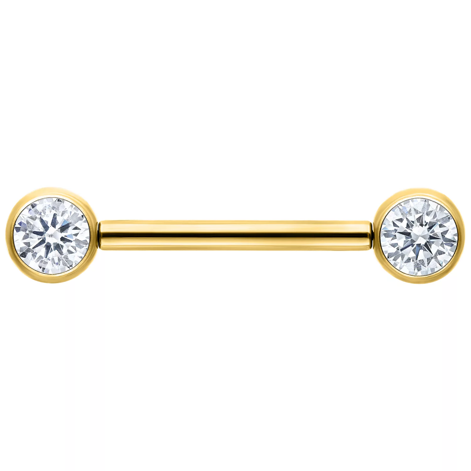 Goldenes Muse Barbell mit kristallklaren Enden auf weißem Hintergrund