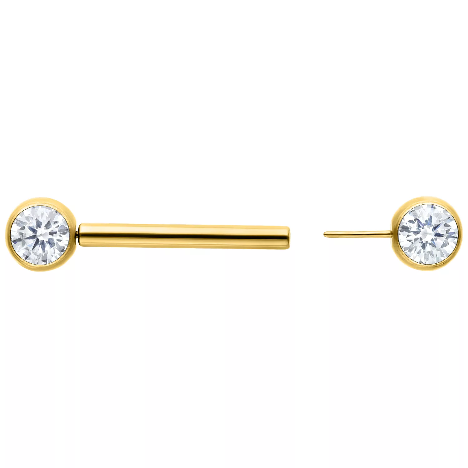 Goldenes Muse Barbell mit kristallklarem Kristall, 12mm Länge auf weißem Hintergrund