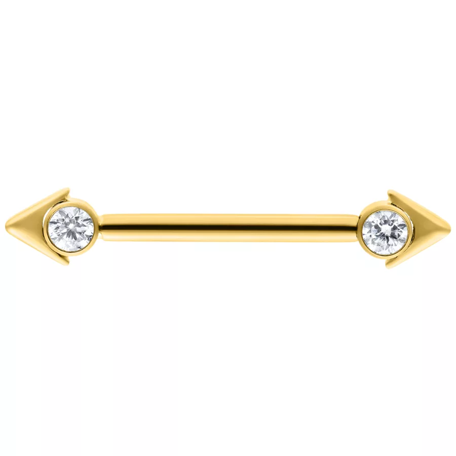 Goldener Nippel Barbell mit Pfeilspitzen und Kristallen, 16 mm Länge