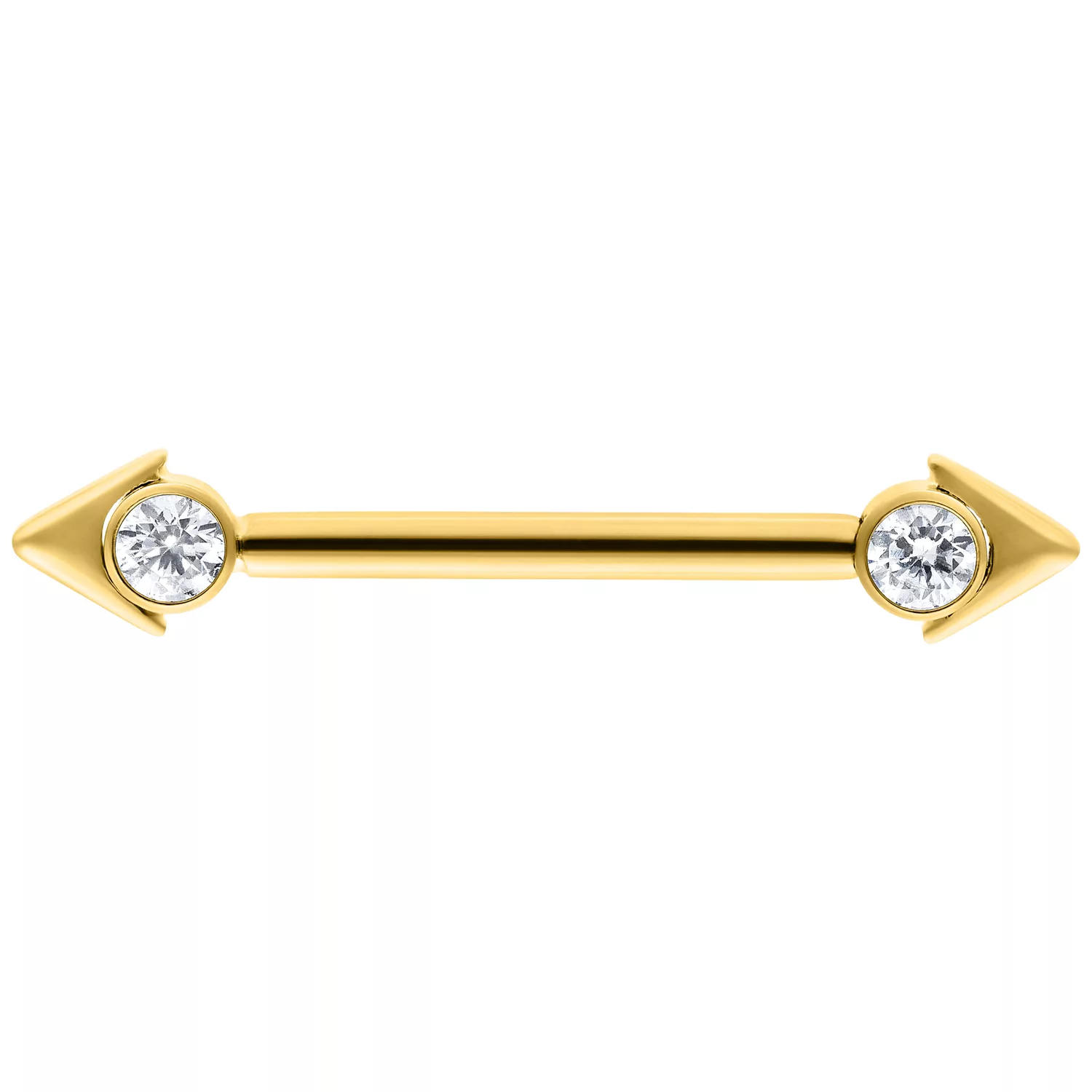 Goldener Arrowhead Nippel Barbell 16 mm Goldener Nippel Barbell mit Pfeilspitzen und Kristallen, 16 mm Länge