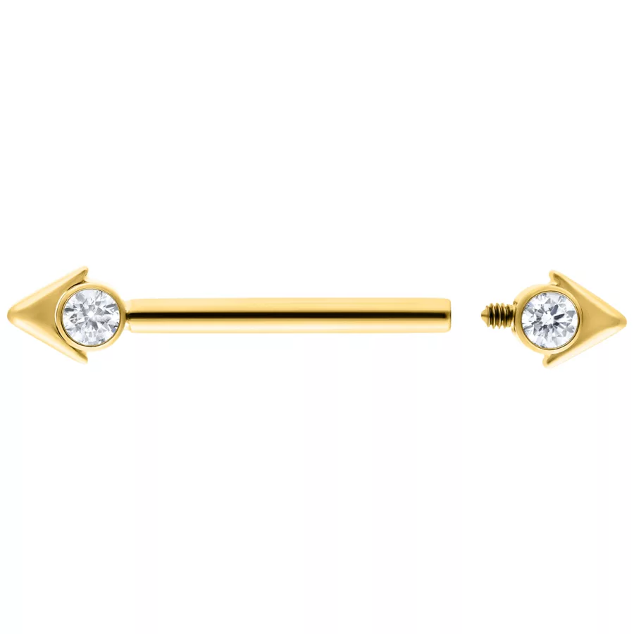 Goldener Nippel Barbell mit Pfeilspitzen und Kristallen auf weißem Hintergrund