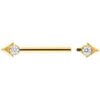 Goldener Arrowhead Nippel Barbell 16mm Goldener Nippel Barbell mit Pfeilspitzen und Kristallen auf weißem Hintergrund