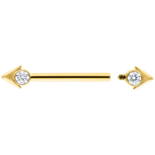 Goldener Nippel Barbell mit Pfeilspitzen und Kristallen auf weißem Hintergrund
