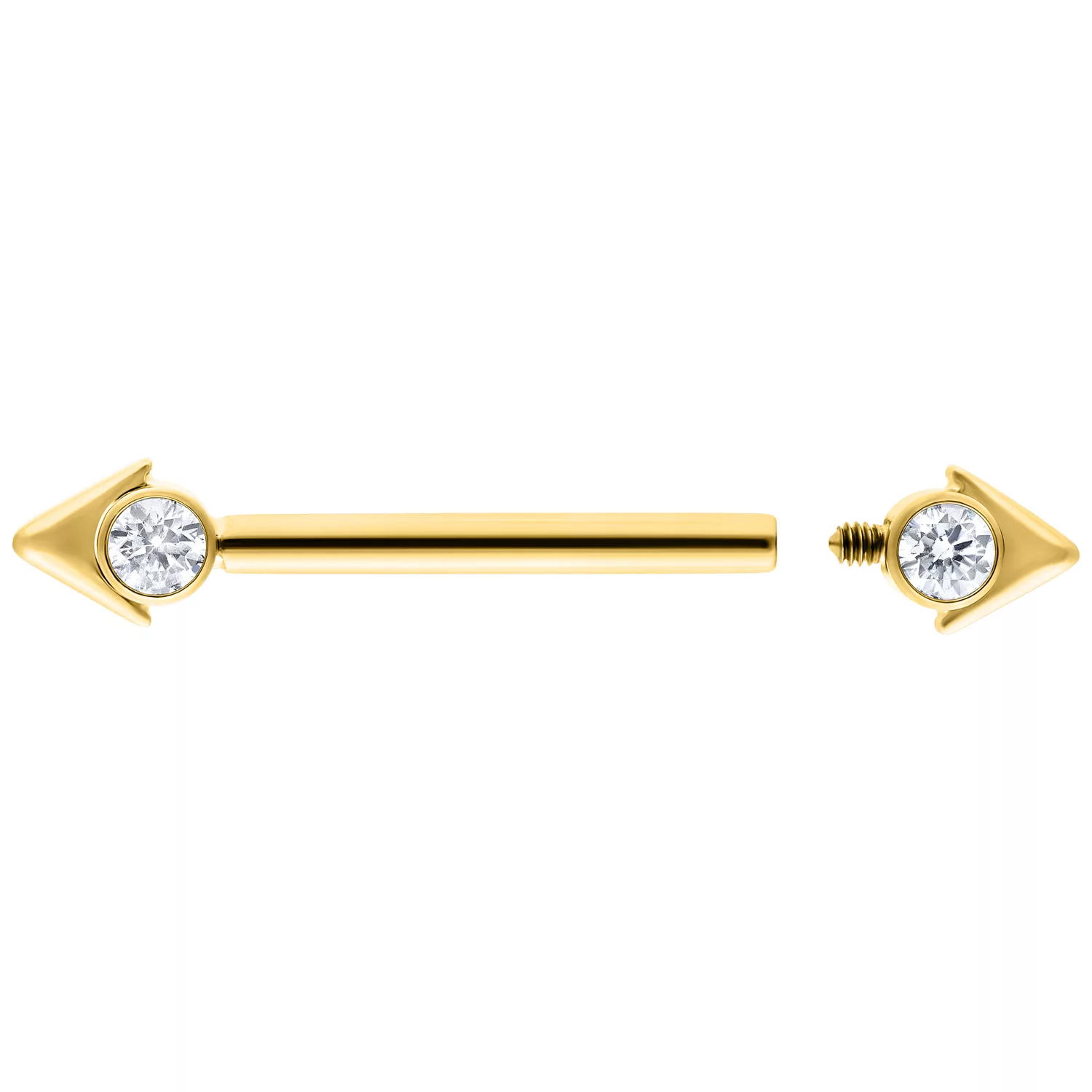 Goldener Arrowhead Nippel Barbell 16mm Goldener Nippel Barbell mit Pfeilspitzen und Kristallen auf weißem Hintergrund