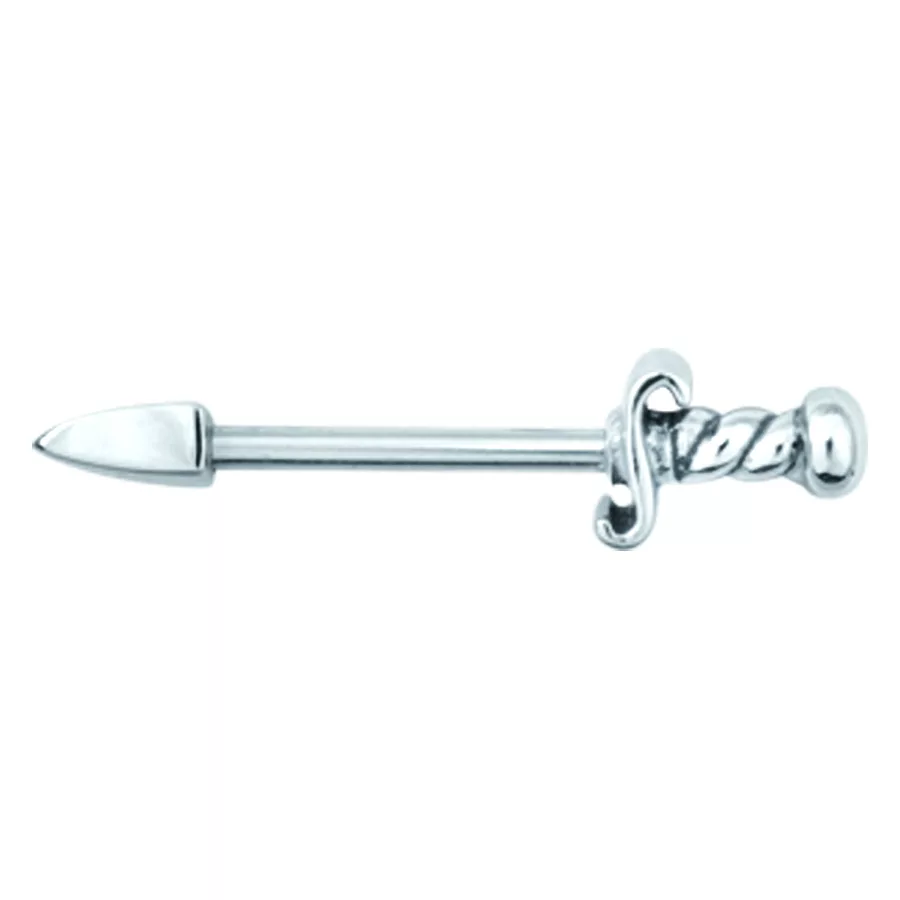 Silberner Nippel Barbell aus Chirurgenstahl Silberner Nippel Barbell mit Dolch-Design auf weißem Hintergrund