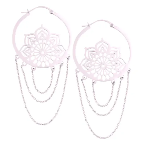 Silver Stainless Steel Mandala Chain Earrings