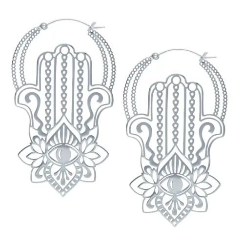 Silver Hamsa Stainless Steel Hoop Earrings