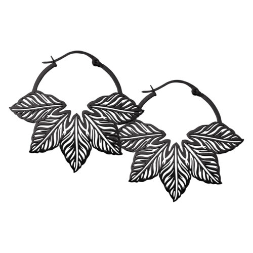 "Abey" Leaf Hoop Earrings<!--6357d5e3e9181--><!--636e78af1a3f6--> - Black Metal