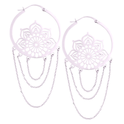 Silver Stainless Steel Mandala Chain Earrings - Silvercoloured Metal