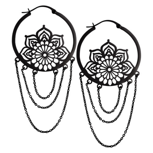 Silver Stainless Steel Mandala Chain Earrings - Black Metal