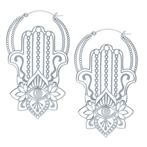 Silver Hamsa Stainless Steel Hoop Earrings - Silvercoloured Metal