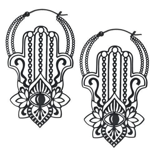 Silver Hamsa Stainless Steel Hoop Earrings - Black Metal