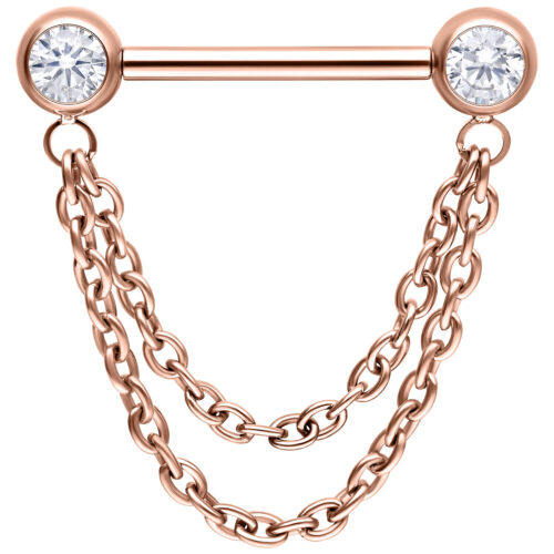 Roségoldener Barbell mit zwei Ketten und Kristallen auf weißem Hintergrund