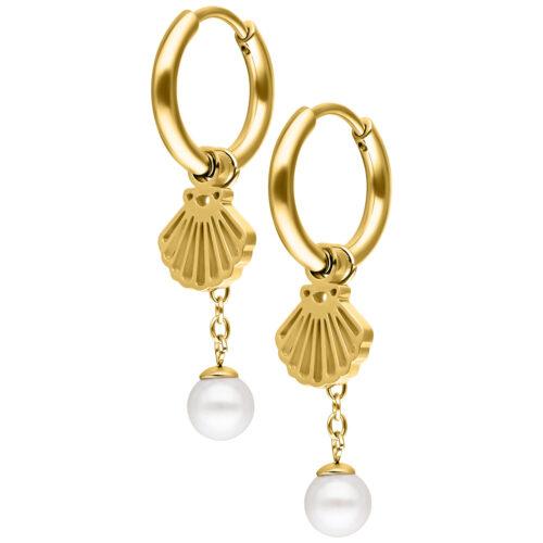 Mini Shell with Synthetic Pearl Hoops Pair - Golden Metal