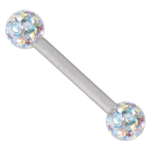 Silberner Titan Barbell mit Aurora Boreale Kristallen auf weißem Hintergrund