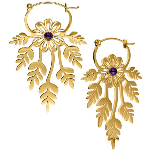 Floral Amethyst Hoops Pair - Golden Metal